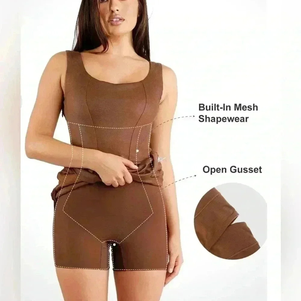 POPILUSH Shapewear Dress Faux-Suede Square Crew Neck Midi - Picture 2 of 12